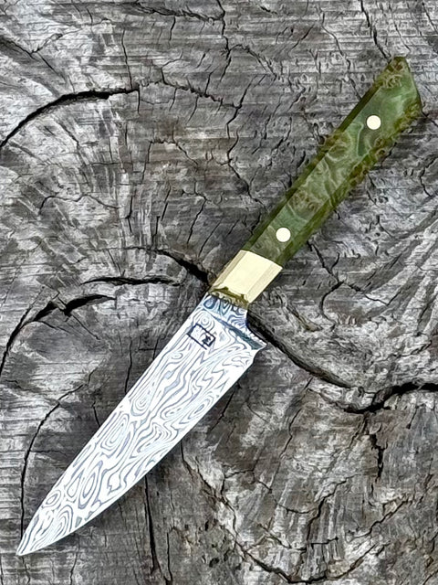4.5" Utility Knife with Damasteel in Loki pattern, brass and green Maple burl