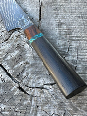 190mm/7.5" Carbon Damascus Kiritsuke of 1095/15N20 with Cocobola/Dyed Maple/ Bog Oak