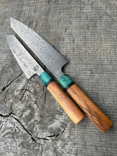 Pair of Stainless Damascus Kiritsuke and Honesuki with Hatian Mahogany, Black Palm and Dyed maple, and brass