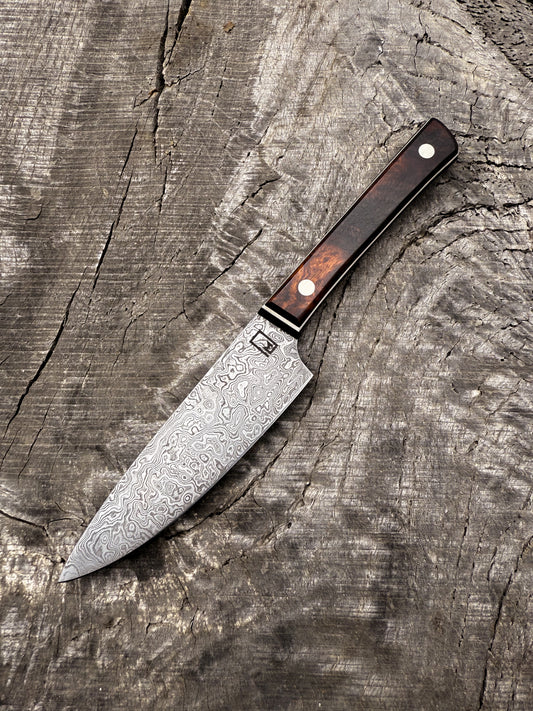 Petty – 4.75" Carbon Damascus Steel Blade, Desert Iron Wood & G10 Handle