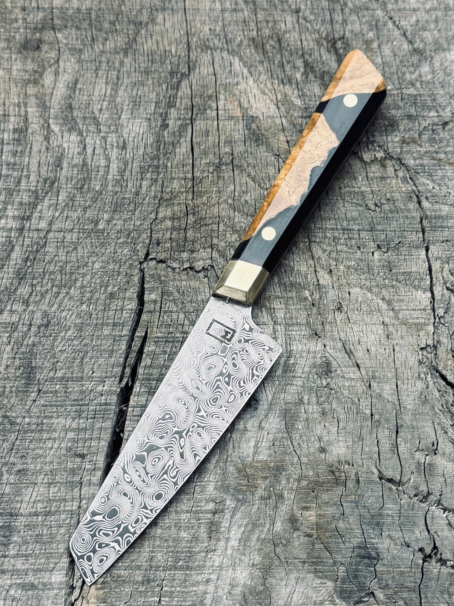Paring Knife 4" – Carbon Damascus Steel Blade, Koa in resin with Brass Handle