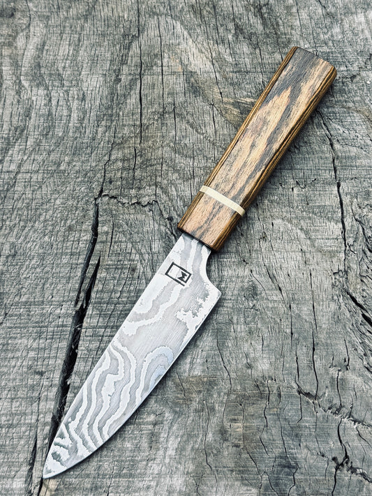 Paring Knife – Carbon Damascus Steel, Bocote and brass