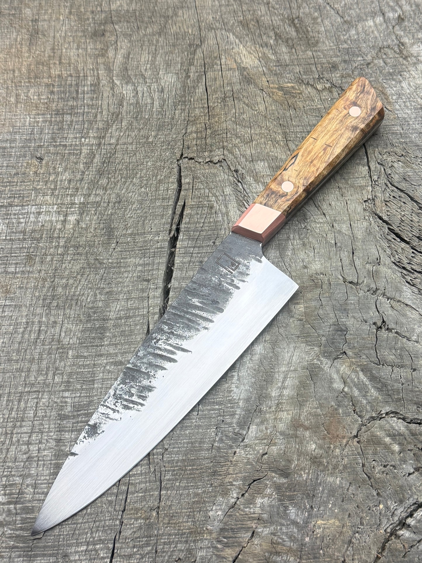 Chef's Knife  – 7.5" Hand Forged Stainless Steel Blade, Spalted MAple and Copper Handle