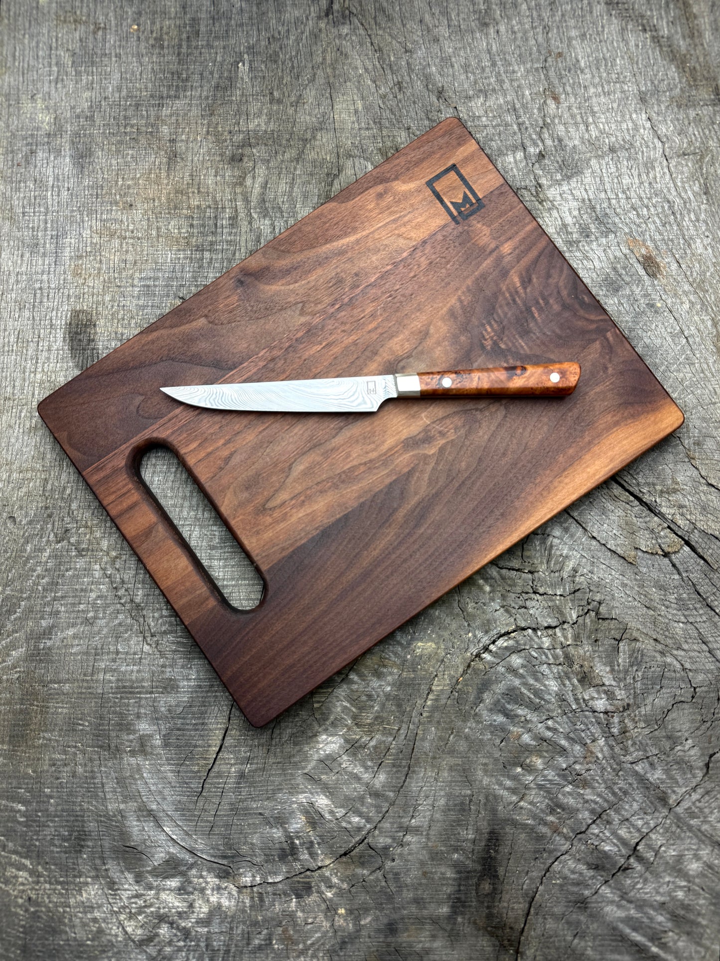 Charcuterie Knife & Board Set - Stainless Damascus and Chery Burl 4.5"
