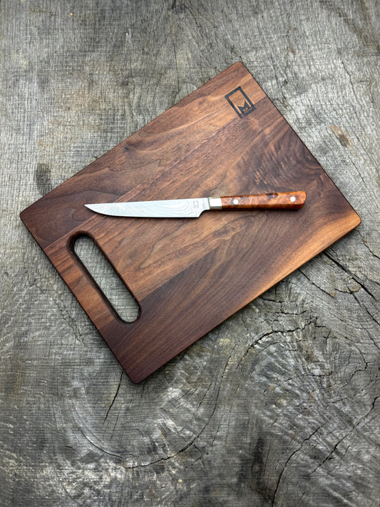 Charcuterie Knife & Board Set - Stainless Damascus and Chery Burl 4.5"
