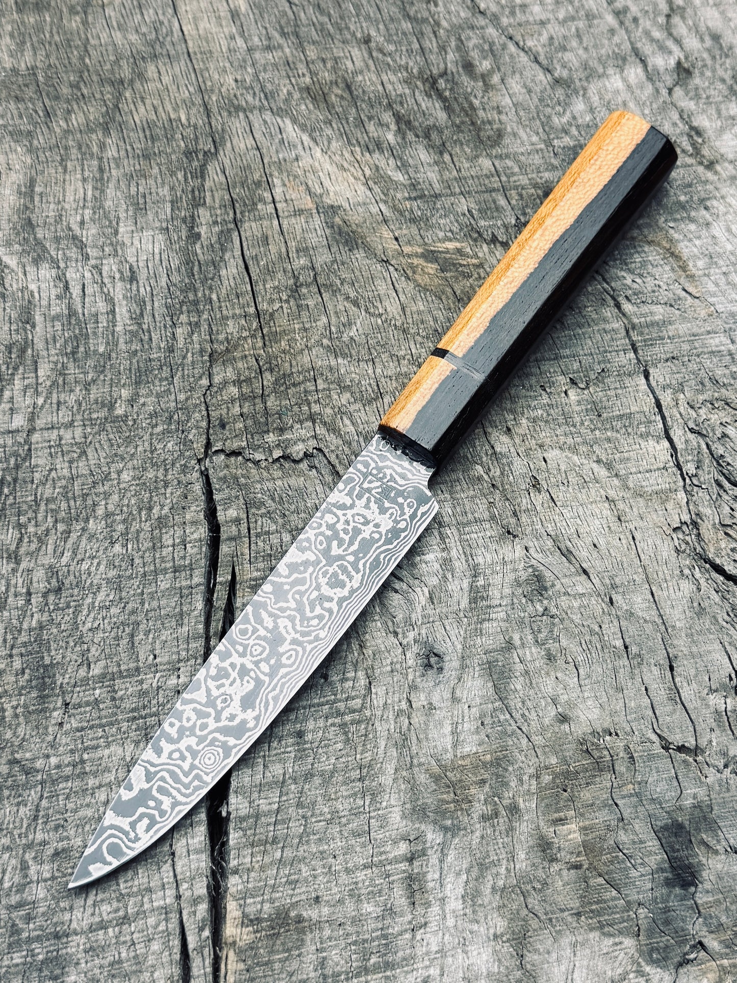 Paring Knife 4" – Carbon Damascus Steel with Ziricote octagonal handle