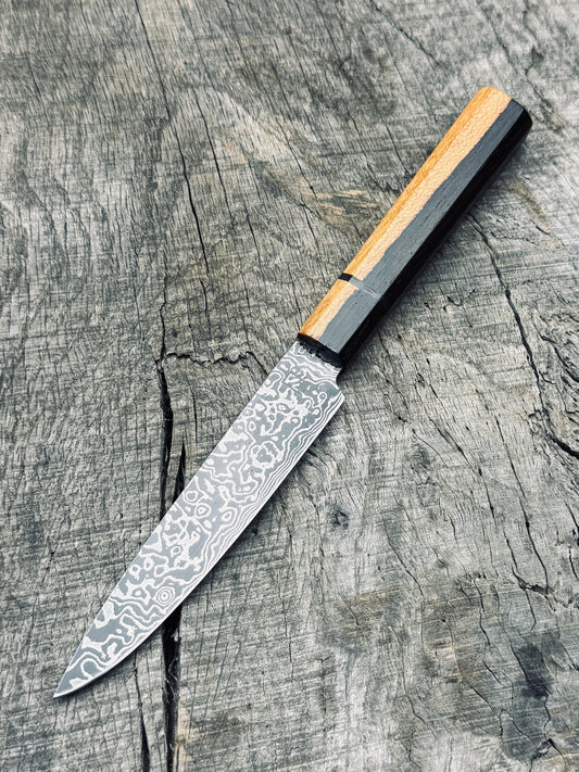 Paring Knife 4" – Carbon Damascus Steel with Ziricote octagonal handle