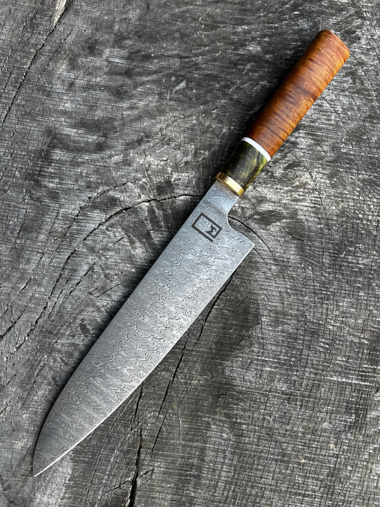 222mm/8.75" Stainless Damascus Gyuto with figured Hawaiian Koa, dyed spalted Maple, and brass