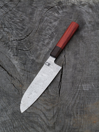 Santoku – 7.5" Stainless Damascus Steel Blade, Red Heart and Walnut Handle