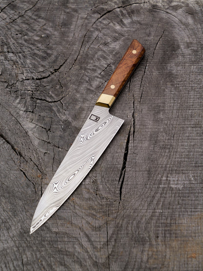 Fusion Chef's Knife – 8.5" Stainless Damascus Blade, Figured White Oak & Brass Handle