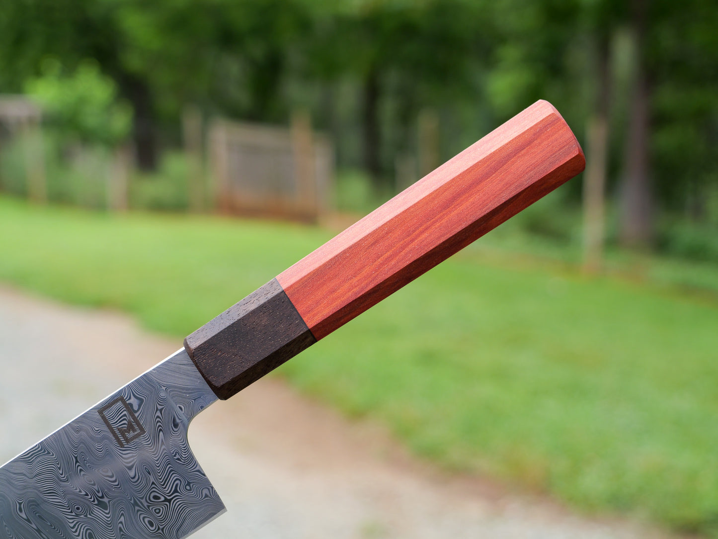 Santoku – 7.5" Stainless Damascus Steel Blade, Red Heart and Walnut Handle