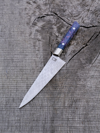 Hybrid Chef  – 7.75" Stainless Damascus Steel Blade, Dyed Maple Burl and Nickel Silver Handle