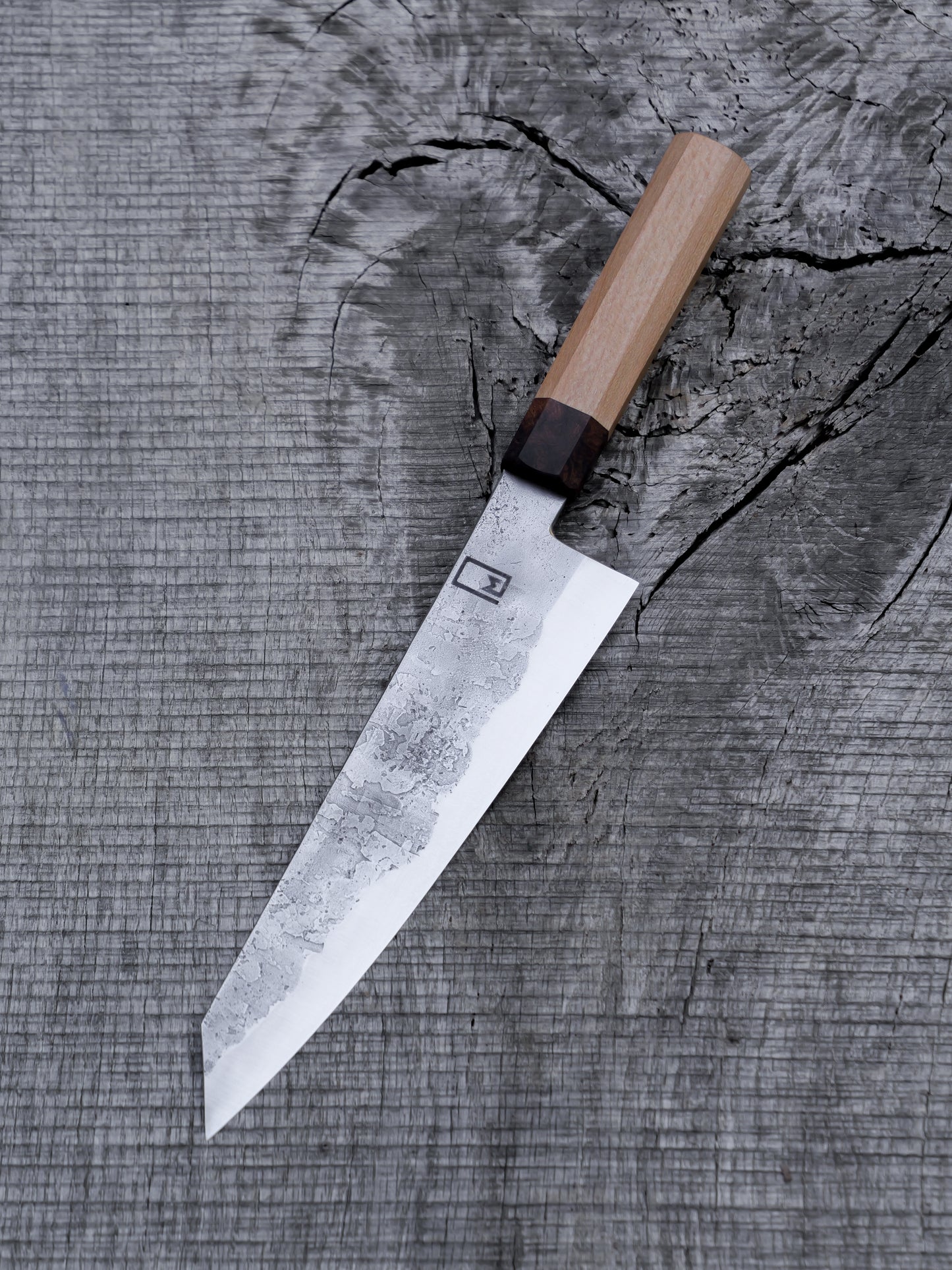K-tip Gyuto – 8.75" San Mai Steel Blade, Sycamore and Iron Wood Handle