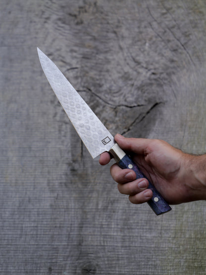 Hybrid Chef  – 7.75" Stainless Damascus Steel Blade, Dyed Maple Burl and Nickel Silver Handle