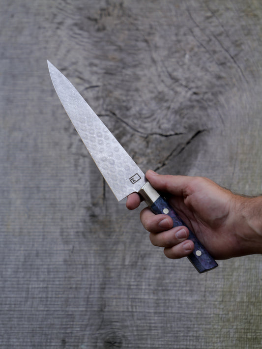 Hybrid Chef  – 7.75" Stainless Damascus Steel Blade, Dyed Maple Burl and Nickel Silver Handle