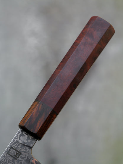 Kiritsuke  – 7.5" Hand Forged Damascus Steel Blade, Redwood Burl and Rosewood Handle