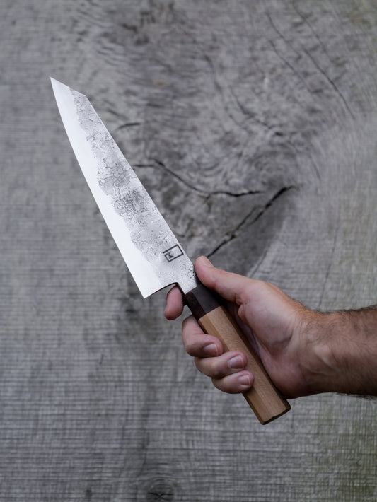 K-tip Gyuto – 8.75" San Mai Steel Blade, Sycamore and Iron Wood Handle