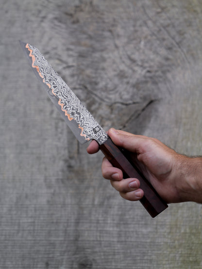 Kiritsuke  – 7.5" Hand Forged Damascus Steel Blade, Redwood Burl and Rosewood Handle