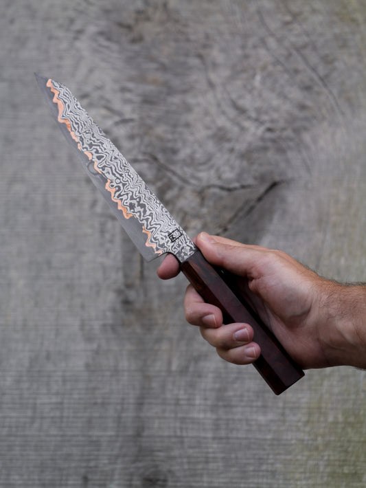 Kiritsuke  – 7.5" Hand Forged Damascus Steel Blade, Redwood Burl and Rosewood Handle