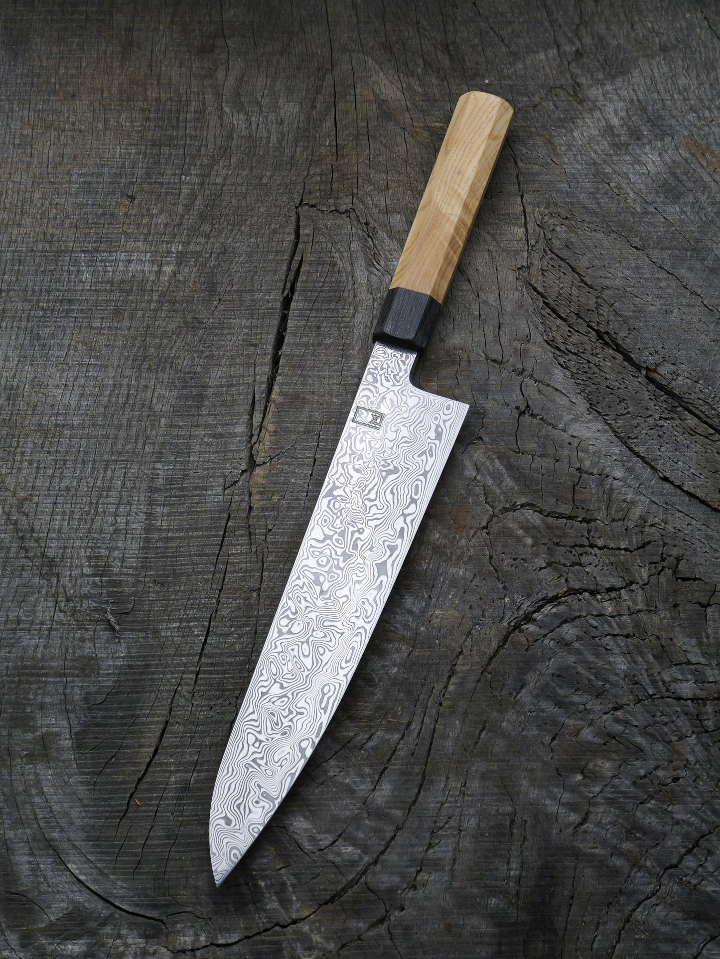 Gyuto – 9.5" Stainless Damascus Steel Blade, Ash & Bog Oak Handle