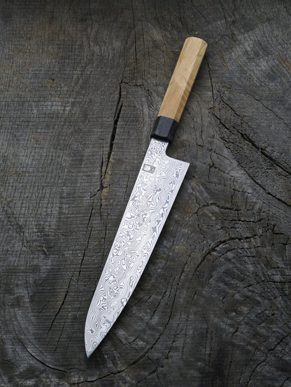 Gyuto – 9.5" Stainless Damascus Steel Blade, Ash & Bog Oak Handle
