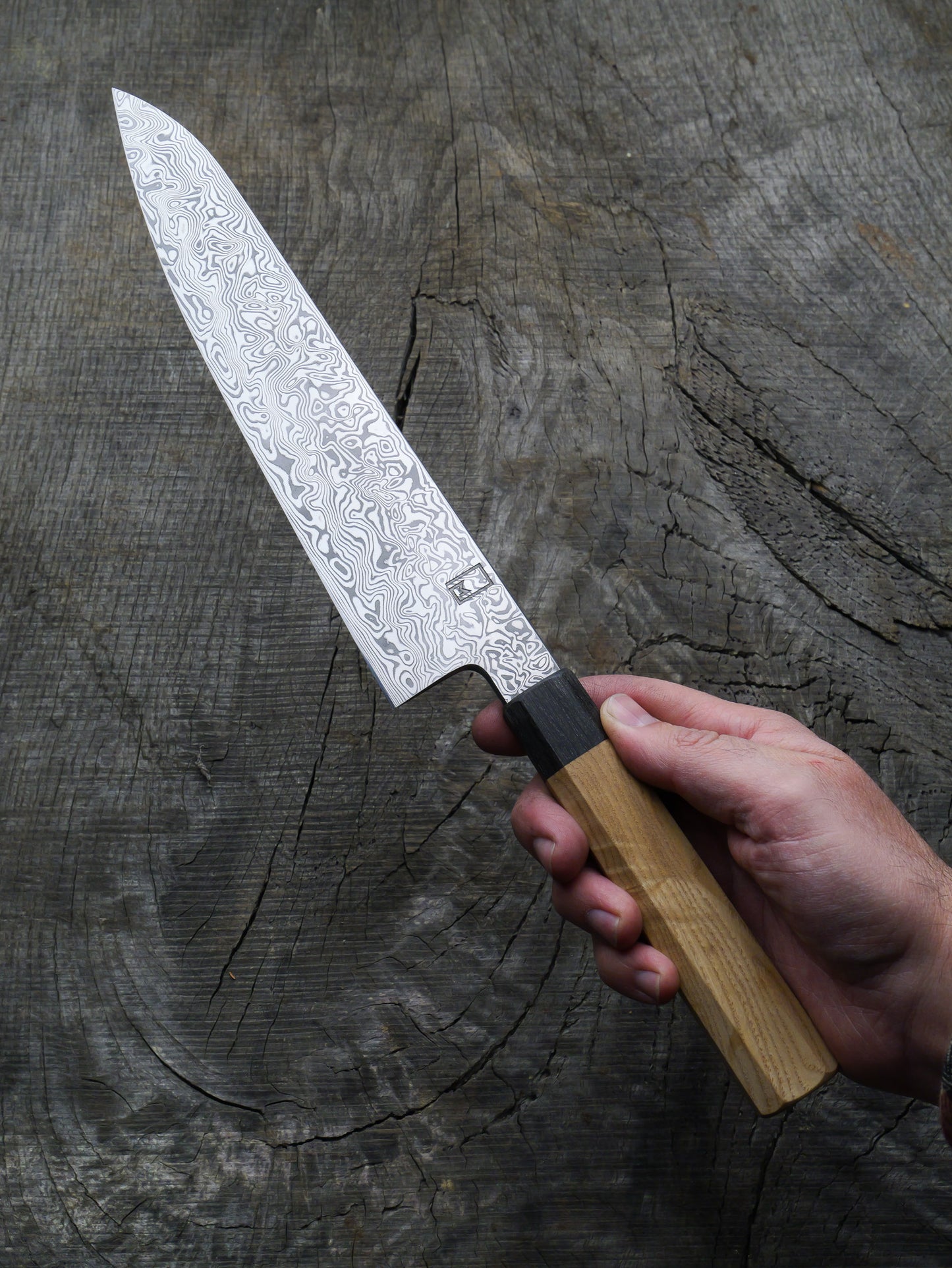 Gyuto – 9.5" Stainless Damascus Steel Blade, Ash & Bog Oak Handle
