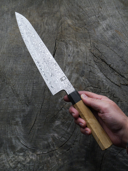 Gyuto – 9.5" Stainless Damascus Steel Blade, Ash & Bog Oak Handle