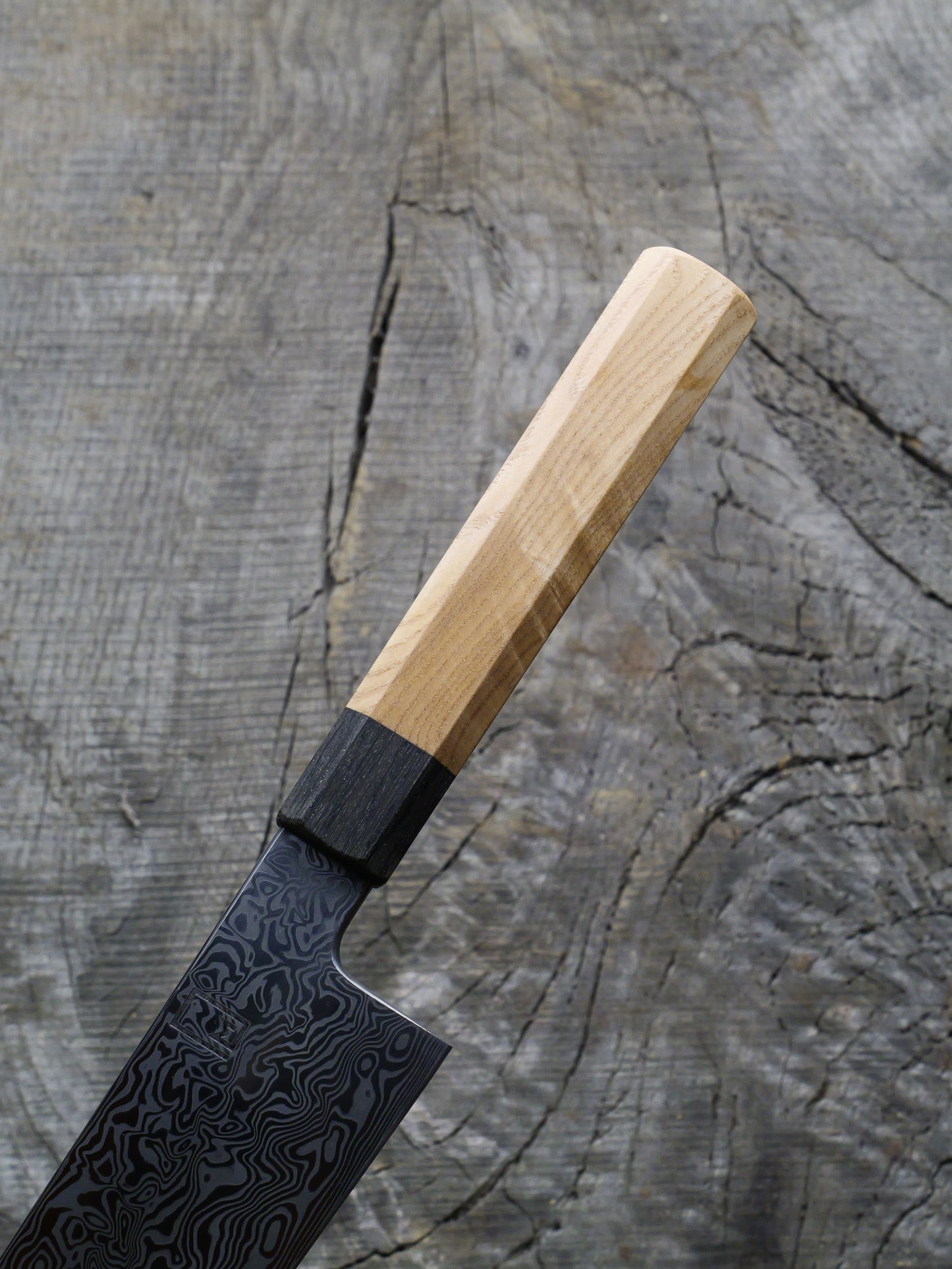 Gyuto – 9.5" Stainless Damascus Steel Blade, Ash & Bog Oak Handle