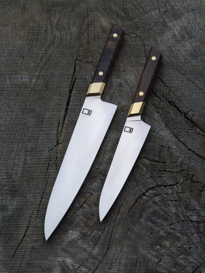 Knife Set Gyuto & Honesuke – Carbon Steel Blade, Walnut & Brass Handle