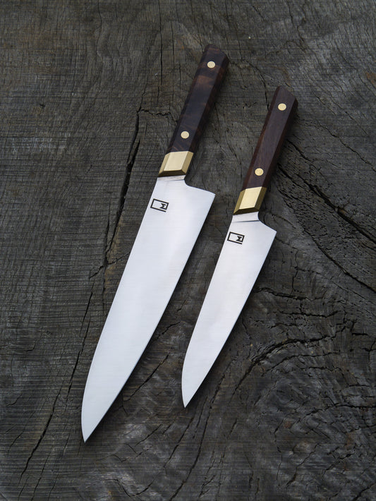 Knife Set Gyuto & Honesuke – Carbon Steel Blade, Walnut & Brass Handle