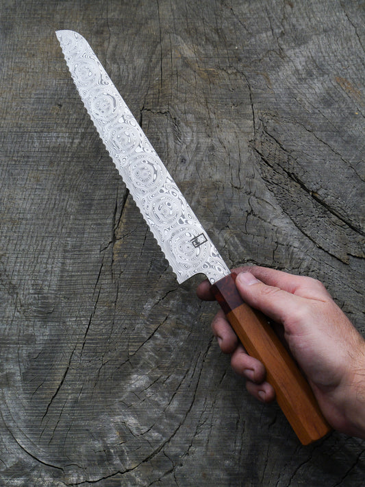 Bread Knife – Stainless Damascus Steel Blade, Mahogany & Amboina Burl Handle