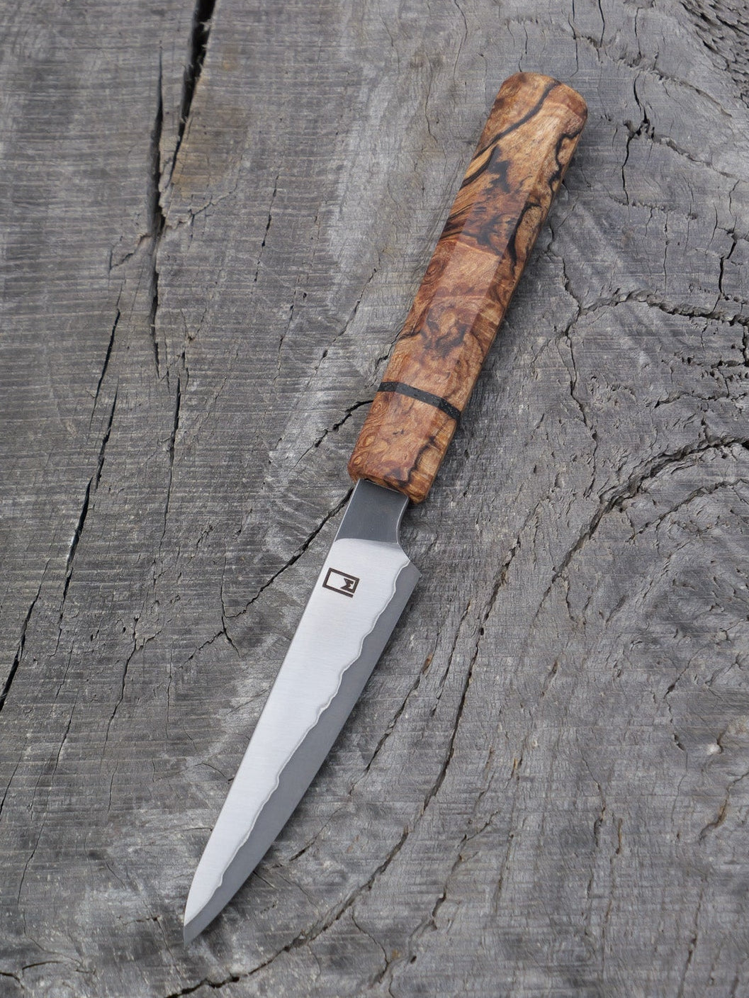Paring Knife/ Japanese Shotoh – Stainless clad, carbon core Aogami Super Blue with Spalted Maple and Bog Oak