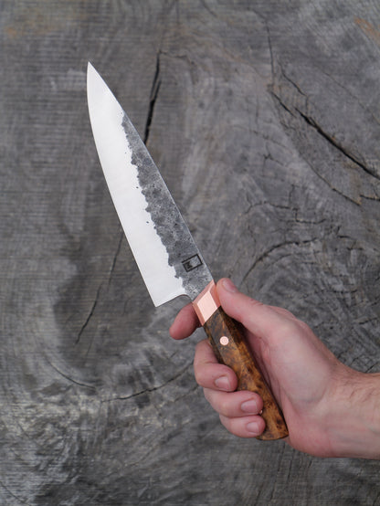 Chef's Knife  – 7.5" Hand Forged Stainless Steel Blade, River Birch Burl and Copper Handle