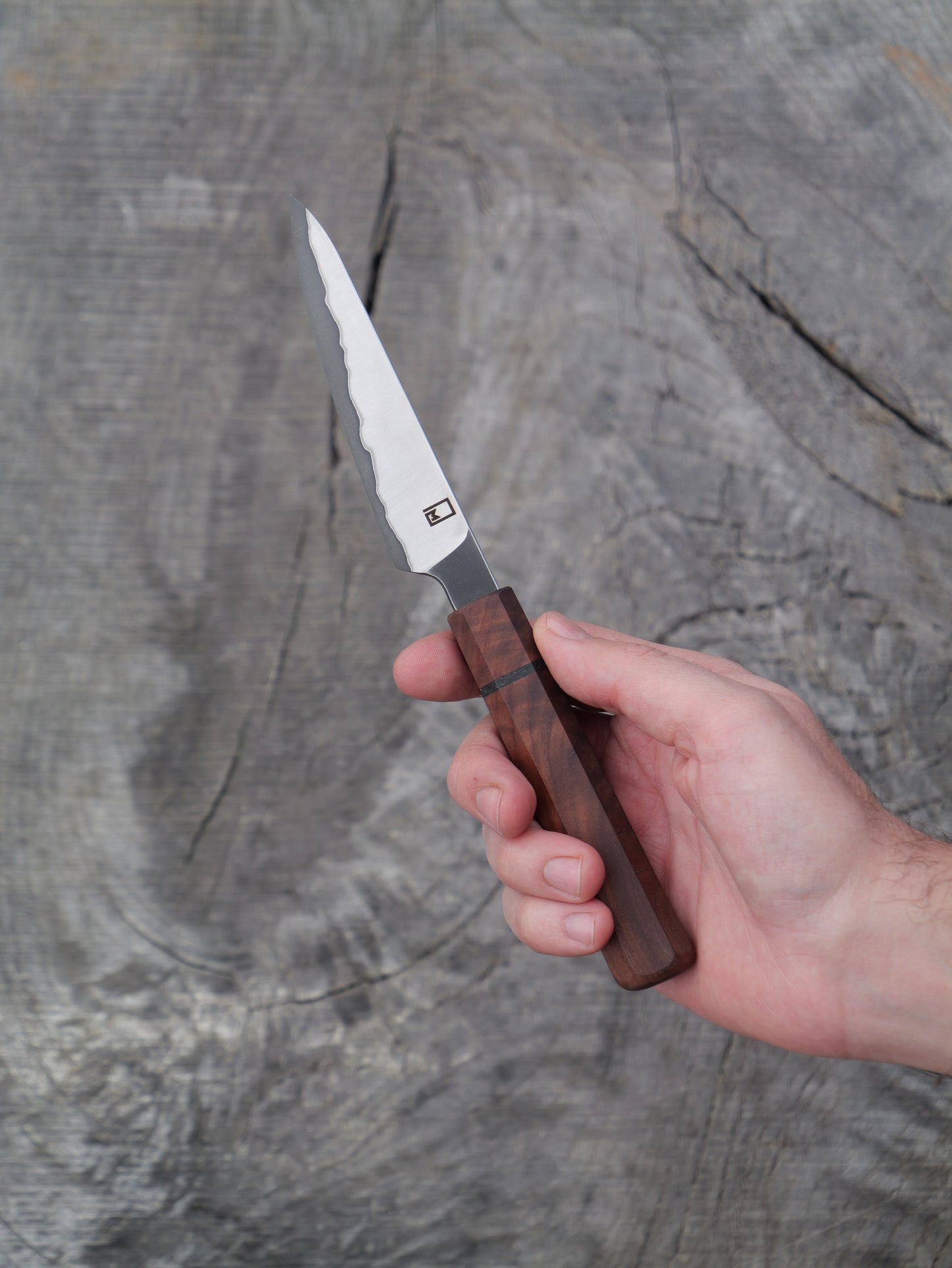 Paring Knife / Japanese Shotoh – Stainless clad, carbon core Aogami Super Blue with Walnut and Bog Oak