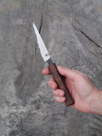 Paring Knife / Japanese Shotoh – Stainless clad, carbon core Aogami Super Blue with Walnut and Bog Oak