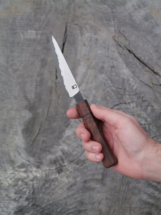 Paring Knife / Japanese Shotoh – Stainless clad, carbon core Aogami Super Blue with Walnut and Bog Oak
