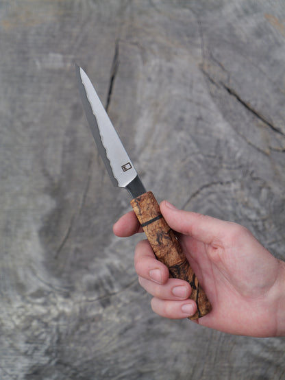 Paring Knife/ Japanese Shotoh – Stainless clad, carbon core Aogami Super Blue with Spalted Maple and Bog Oak