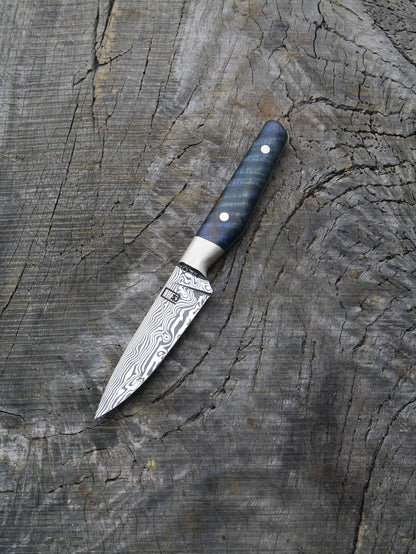 Paring Knife – Stainless Damascus Steel, Curly Mango & Nickel Silver