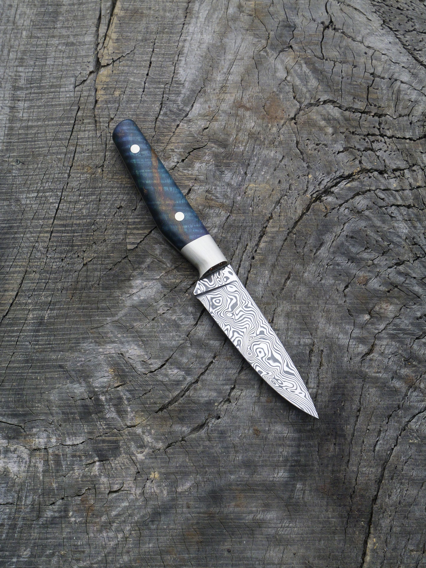 Paring Knife – Stainless Damascus Steel, Curly Mango & Nickel Silver