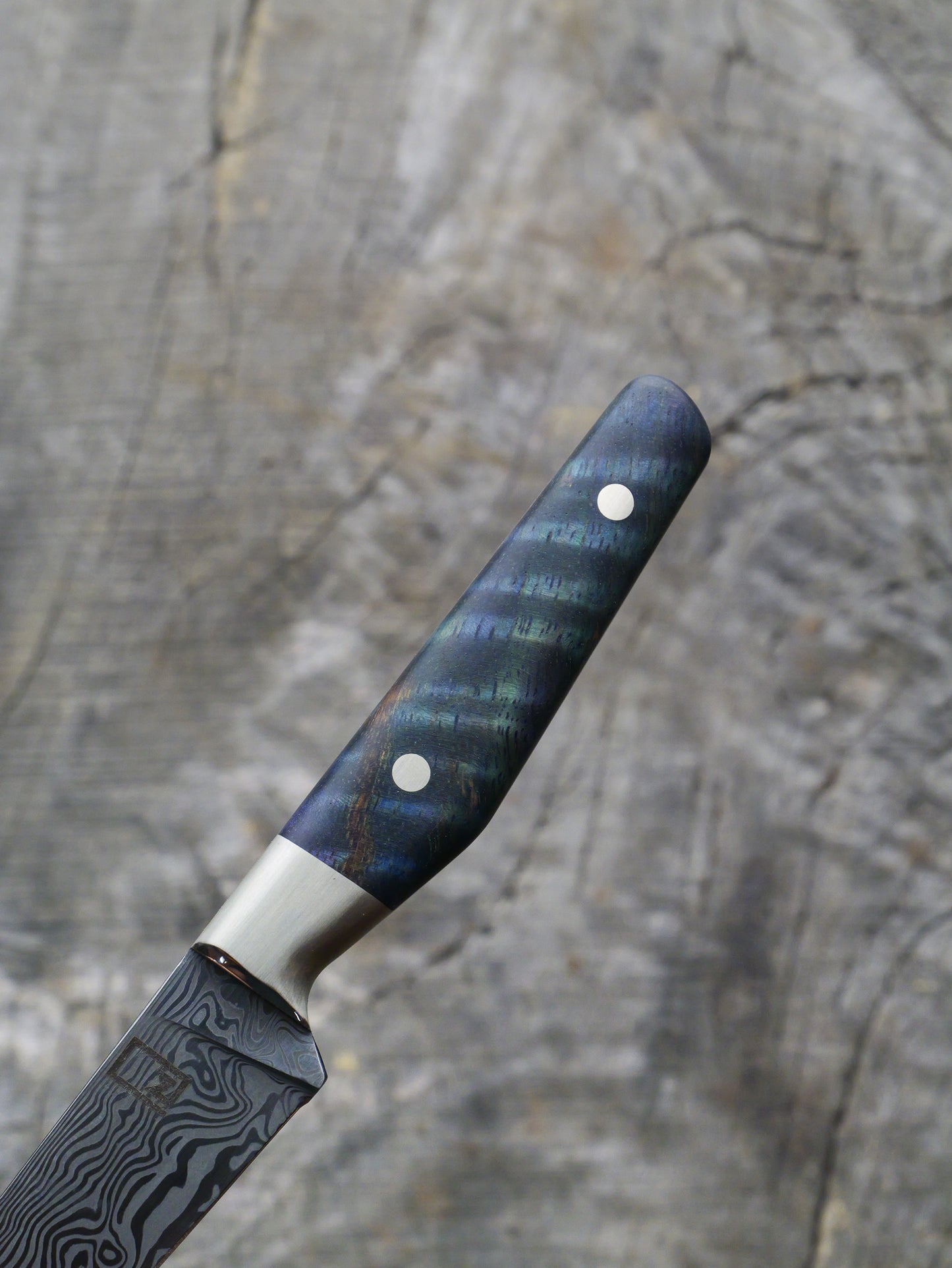 Paring Knife – Stainless Damascus Steel, Curly Mango & Nickel Silver