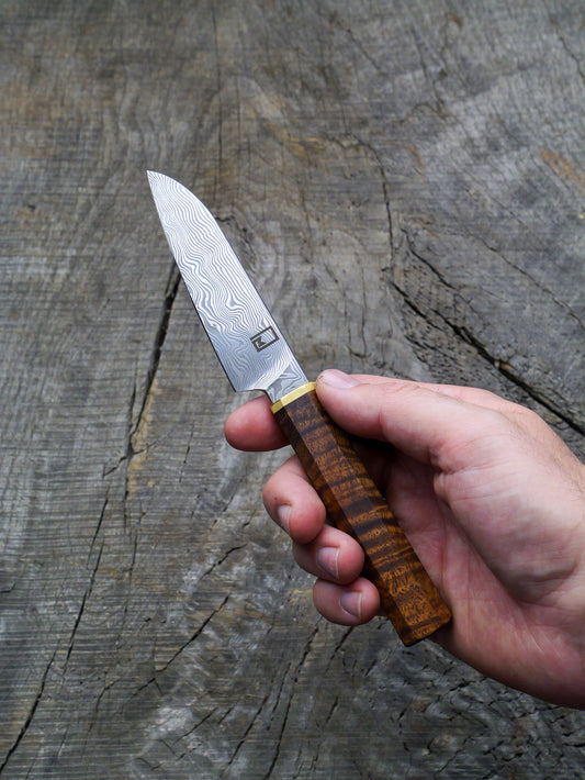 Paring Knife – Stainless Damascus Steel Blade, Koa & Brass Handle
