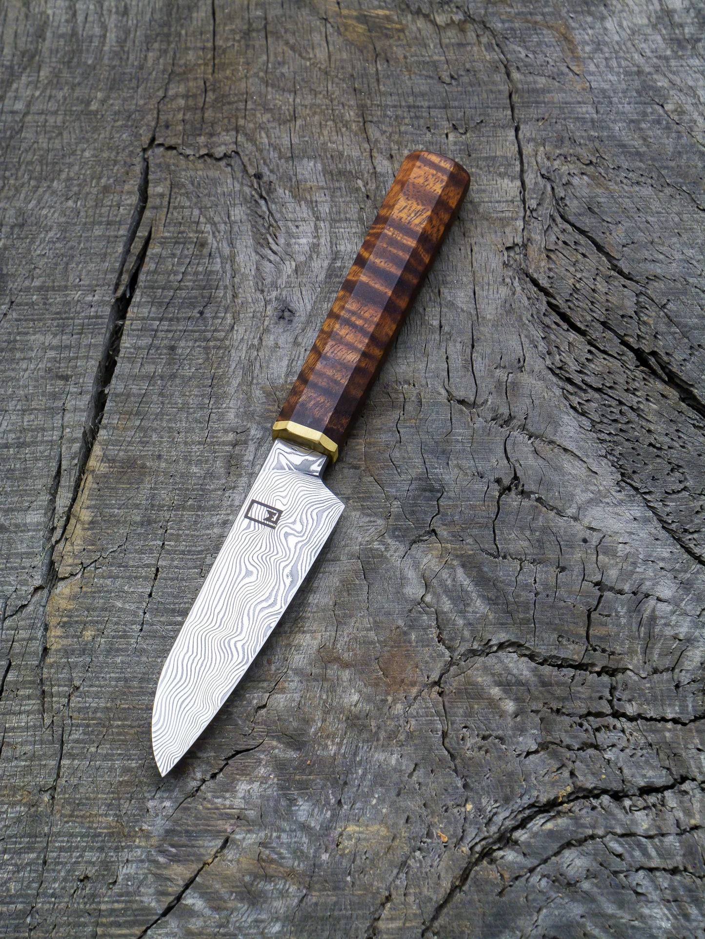 Paring Knife – Stainless Damascus Steel Blade, Koa & Brass Handle