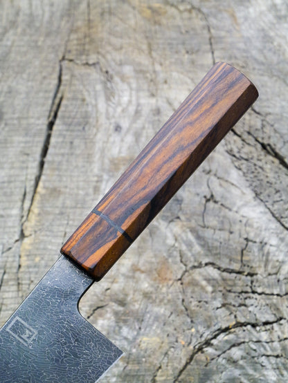 K-Tip Gyuto – Carbon Damascus Steel Blade, Cocobolo & Bog Oak Handle