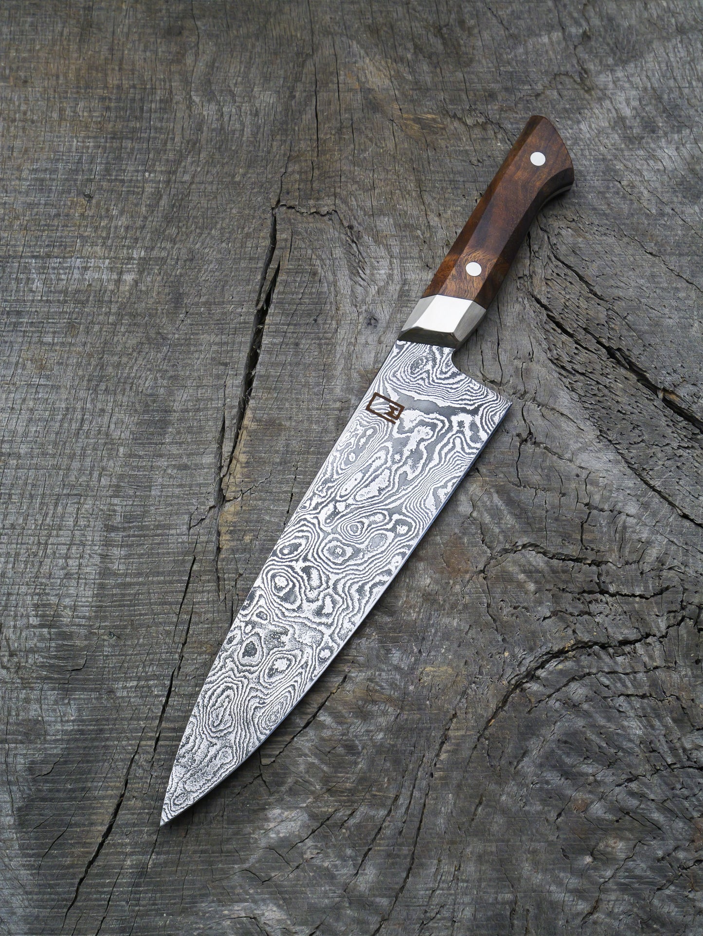 Chef's Knife – In-House Carbon Damascus Steel Blade, Koa & Nickel Silver Handle