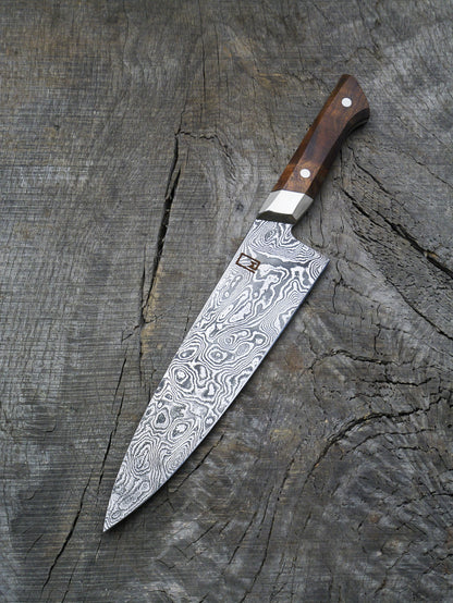Chef's Knife – In-House Carbon Damascus Steel Blade, Koa & Nickel Silver Handle