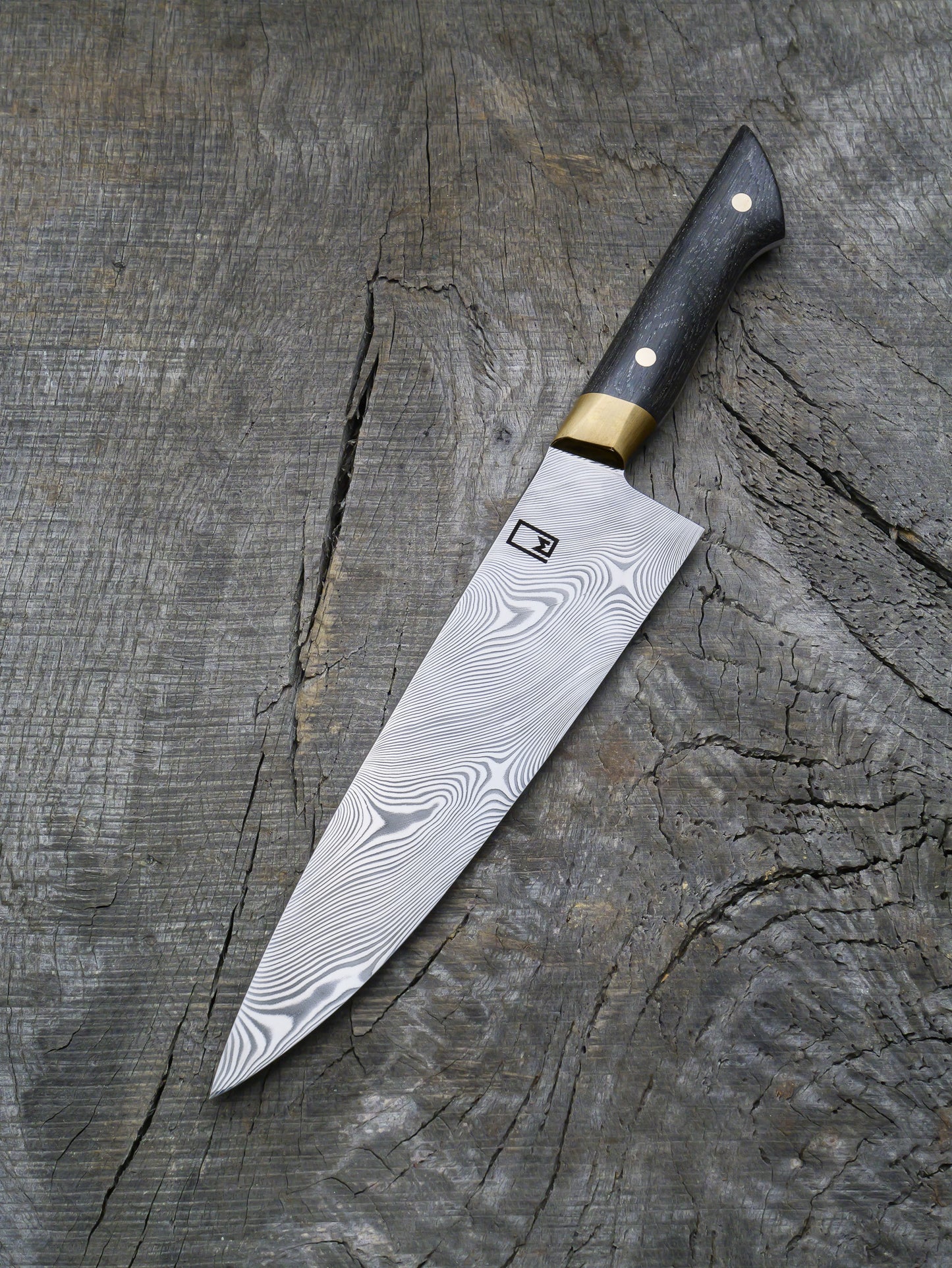 Chef's Knife – Stainless Damascus Steel Blade, Bog Oak & Brass Handle