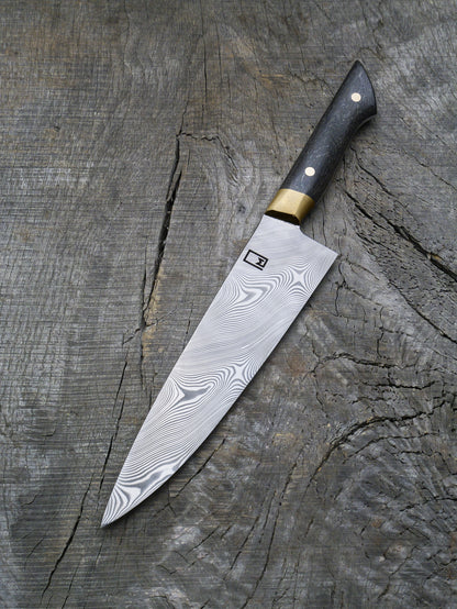 Chef's Knife – Stainless Damascus Steel Blade, Bog Oak & Brass Handle