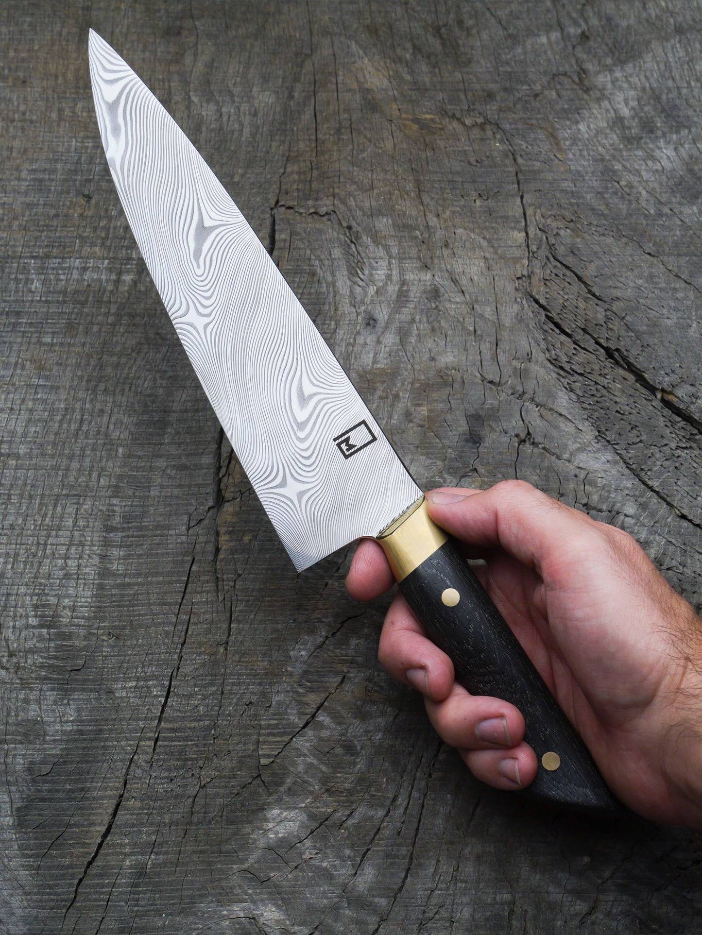 Chef's Knife – Stainless Damascus Steel Blade, Bog Oak & Brass Handle