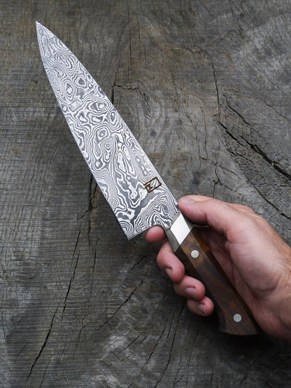Chef's Knife – In-House Carbon Damascus Steel Blade, Koa & Nickel Silver Handle