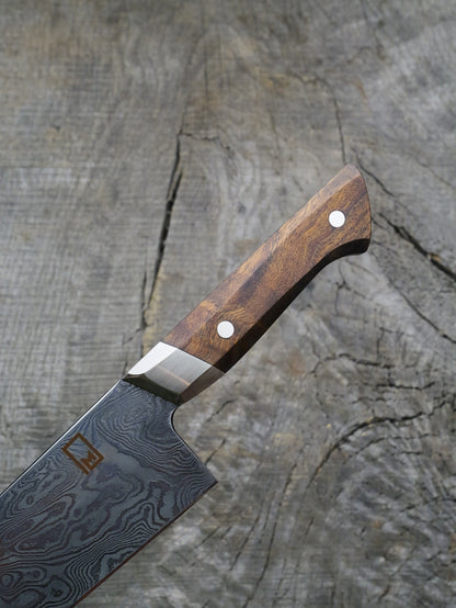 Chef's Knife – In-House Carbon Damascus Steel Blade, Koa & Nickel Silver Handle